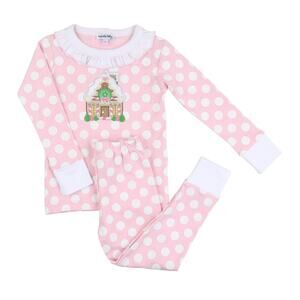 MAGNOLIA BABY Gingerbread Fun Ruffle Pajamas - Pink 18-24 M EUC Pima Cotton